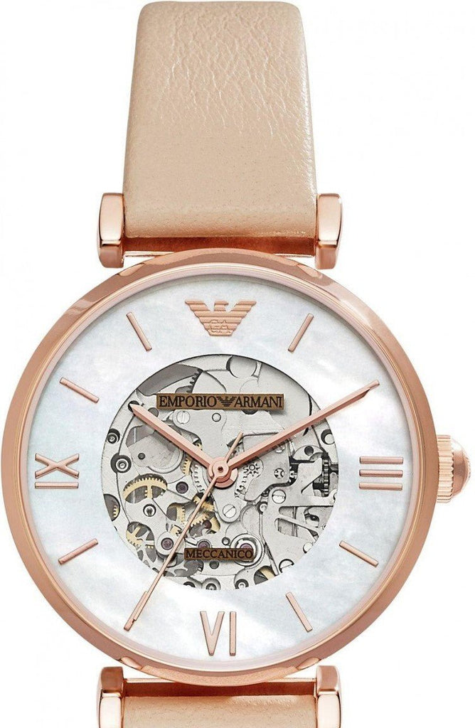 Buy Shop Emporio Armani Meccanico Silver Skeleton Dial Beige Leather Strap Watch For Women - AR60001 USA Online