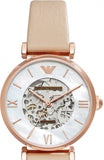 Buy Shop Emporio Armani Meccanico Silver Skeleton Dial Beige Leather Strap Watch For Women - AR60001 USA Online
