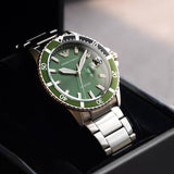 Emporio Armani Three Hand Green Dial Silver Steel Strap Watch For Men - AR11338