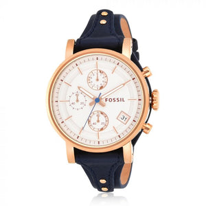 Buy Shop Fossil Original Boyfriend Chronograph White Dial Navy Blue Leather Strap Watch for Women - ES3838 USA Online