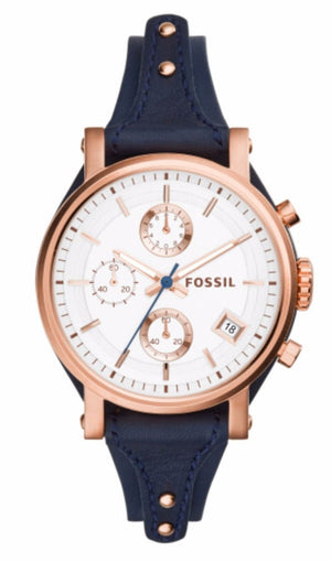 Buy Shop Fossil Original Boyfriend Chronograph White Dial Navy Blue Leather Strap Watch for Women - ES3838 USA Online