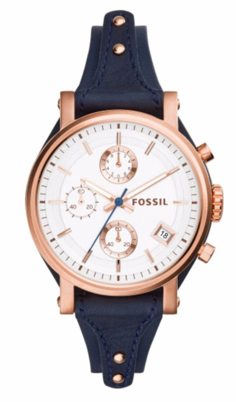 Buy Shop Fossil Original Boyfriend Chronograph White Dial Navy Blue Leather Strap Watch for Women - ES3838 USA Online