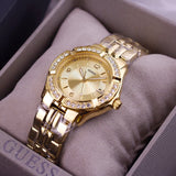 Buy Shop Guess Dazzling Diamonds Gold Dial Gold Steel Strap Watch for Women - W85110L1 USA Online