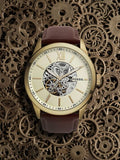 Buy Shop Fossil Flynn Mechanical Skeleton Beige Dial Brown Leather Strap Watch for Men - BQ2215 USA Online