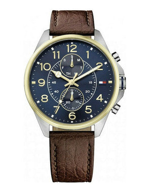 Buy Shop Tommy Hilfiger Dean Multifunctional Blue Dial Brown Leather Strap Watch for Men - 1791275 USA Online