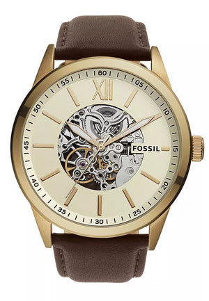 Buy Shop Fossil Flynn Mechanical Skeleton Beige Dial Brown Leather Strap Watch for Men - BQ2215 USA Online