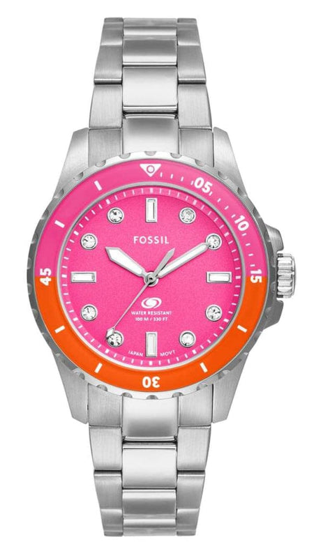 Buy Shop Fossil Blue Dive Analog Pink Dial Silver Steel Strap Watch For Women - ES5351 USA Online