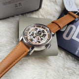 Buy Shop Fossil Boyfriend Automatic Skeleton Silver Dial Brown Leather Strap Watch for Women - ME3109 USA Online