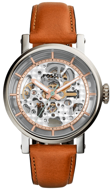 Buy Shop Fossil Boyfriend Automatic Skeleton Silver Dial Brown Leather Strap Watch for Women - ME3109 USA Online