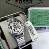 Buy Shop Fossil Boyfriend Automatic Skeleton Silver Dial Silver Steel Strap Watch for Women - ME3067 USA Online