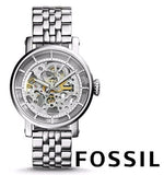 Buy Shop Fossil Boyfriend Automatic Skeleton Silver Dial Silver Steel Strap Watch for Women - ME3067 USA Online