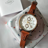 Buy Shop Fossil Boyfriend Chronograph White Dial Brown Leather Strap Watch for Women - ES3837 USA Online