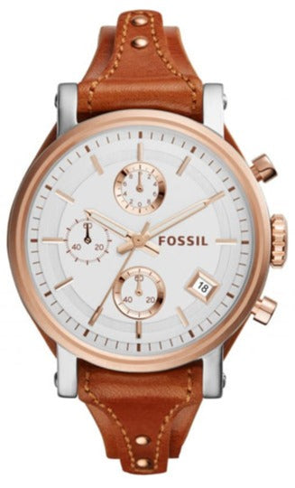 Buy Shop Fossil Boyfriend Chronograph White Dial Brown Leather Strap Watch for Women - ES3837 USA Online