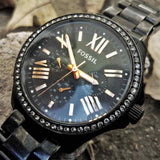 Buy Shop Fossil Cecile Multi Function Crystals Black Dial Black Steel Strap Watch for Women - AM4522 USA Online