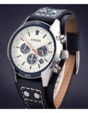 Fossil Coachman Chronograph White Dial Blue Leather Strap Watch for Men - CH3051