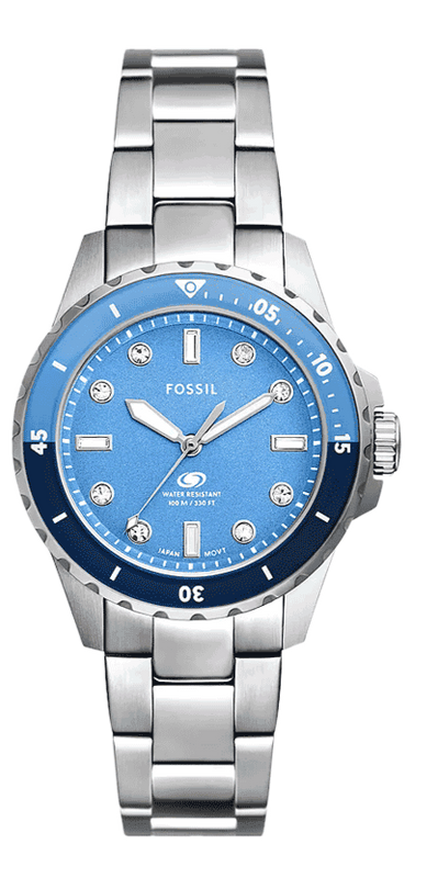 Buy Shop Fossil Blue Dive Three Hand Blue Dial Silver Steel Strap Watch For Women - ES5353 USA Online