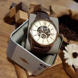 Buy Shop Fossil Flynn Mechanical Skeleton Beige Dial Brown Leather Strap Watch for Men - BQ2215 USA Online