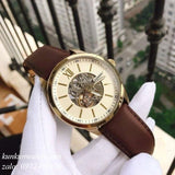Buy Shop Fossil Flynn Mechanical Skeleton Beige Dial Brown Leather Strap Watch for Men - BQ2215 USA Online