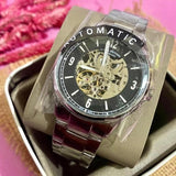 Buy Shop Fossil Forrester Automatic Skeleton Black Dial Silver Steel Strap Watch for Men - ME3180 USA Online