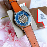 Buy Shop Fossil Forrester Luggage Automatic Skeleton Blue Dial Brown Leather Strap Watch for Men - ME3179 USA Online