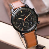Buy Shop Fossil Goodwin Luggage Chronograph Black Dial Brown Leather Strap Watch for Men - FS5501 USA Online