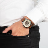 Buy Shop Fossil Grant Automatic Beige Skeleton Dial Brown Leather Strap Watch for Men - ME3099 USA Online
