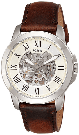 Buy Shop Fossil Grant Automatic Beige Skeleton Dial Brown Leather Strap Watch for Men - ME3099 USA Online