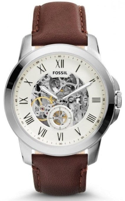 Buy Shop Fossil Grant Automatic Beige Skeleton Dial Brown Leather Strap Watch for Men - ME3099 USA Online