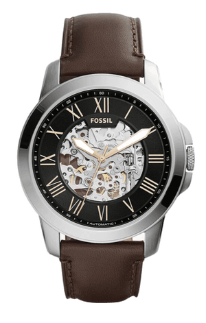 Buy Shop Fossil Grant Automatic Skeleton Black Dial Brown Leather Strap Watch for Men - ME3100 USA Online