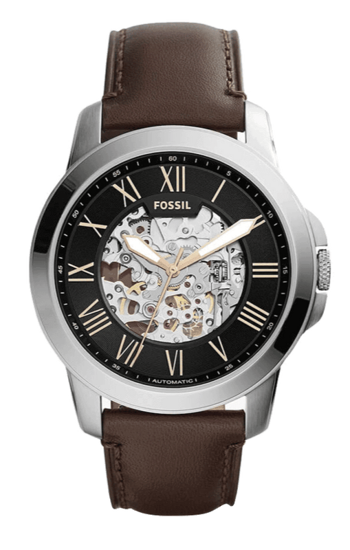 Buy Shop Fossil Grant Automatic Skeleton Black Dial Brown Leather Strap Watch for Men - ME3100 USA Online