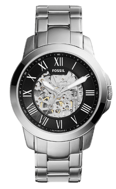 Buy Shop Fossil Grant Automatic Skeleton Black Dial Silver Steel Strap Watch for Men - ME3103 USA Online