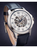 Buy Shop Fossil Grant Automatic Skeleton Silver Dial Blue Leather Strap Watch for Men - ME3111 USA Online