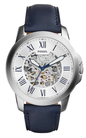 Buy Shop Fossil Grant Automatic Skeleton Silver Dial Blue Leather Strap Watch for Men - ME3111 USA Online