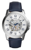 Buy Shop Fossil Grant Automatic Skeleton Silver Dial Blue Leather Strap Watch for Men - ME3111 USA Online
