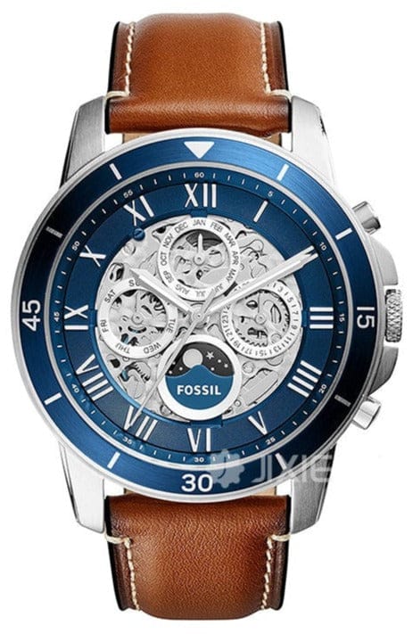 Buy Shop Fossil Grant Sport Automatic Skeleton Blue Dial Brown Leather Strap Watch for Men - ME3140 USA Online
