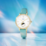 Buy Shop Fossil Jacqueline Analog Moonphase Mother of Pearl White Dial Green Leather Strap Watch for Women - ES5168 USA Online