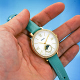 Buy Shop Fossil Jacqueline Analog Moonphase Mother of Pearl White Dial Green Leather Strap Watch for Women - ES5168 USA Online