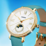 Buy Shop Fossil Jacqueline Analog Moonphase Mother of Pearl White Dial Green Leather Strap Watch for Women - ES5168 USA Online