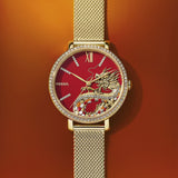 Buy Shop Fossil Jacqueline Dragonsteel Limited Edition Red Dial Gold Mesh Strap Watch for Women - ES5316 USA Online