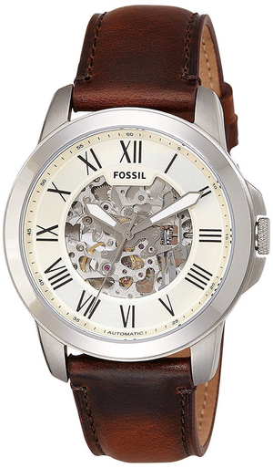 Buy Shop Fossil Grant Automatic Beige Skeleton Dial Brown Leather Strap Watch for Men - ME3099 USA Online