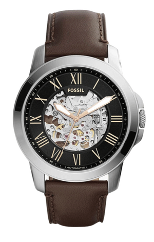 Buy Shop Fossil Grant Automatic Skeleton Black Dial Brown Leather Strap Watch for Men - ME3100 USA Online