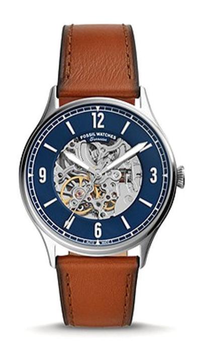 Buy Shop Fossil Forrester Luggage Automatic Skeleton Blue Dial Brown Leather Strap Watch for Men - ME3179 USA Online