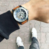 Buy Shop Fossil Modern Machine Automatic Skeleton Silver Dial Brown Leather Strap Watch for Men - ME3135 USA Online