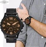 Buy Shop Fossil Nate Chrongraph Ion Plated Black Dial Black Steel Strap Watch for Men - JR1356 USA Online