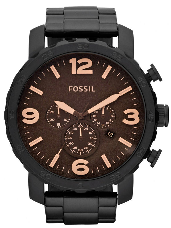 Buy Shop Fossil Nate Chrongraph Ion Plated Black Dial Black Steel Strap Watch for Men - JR1356 USA Online
