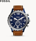 Buy Shop Fossil Nate Chronograph Navy Blue Dial Brown Leather Strap Watch for Men - JR1504 USA Online
