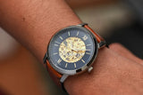 Buy Shop Fossil Neutra Automatic Luggage Skeleton Blue Dial Brown Leather Strap Watch for Men - ME3160 USA Online