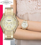 Buy Shop Fossil Riley Gold Dial Gold Steel Strap Watch for Women - ES3203 USA Online