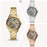 Buy Shop Fossil Rye Automatic Skeleton Gold Dial Gold Steel Strap Watch for Women - BQ3755 USA Online