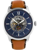 Buy Shop Fossil Townsman Automatic Skeleton Blue Dial Brown Leather Strap Watch for Men - ME3154 USA Online
